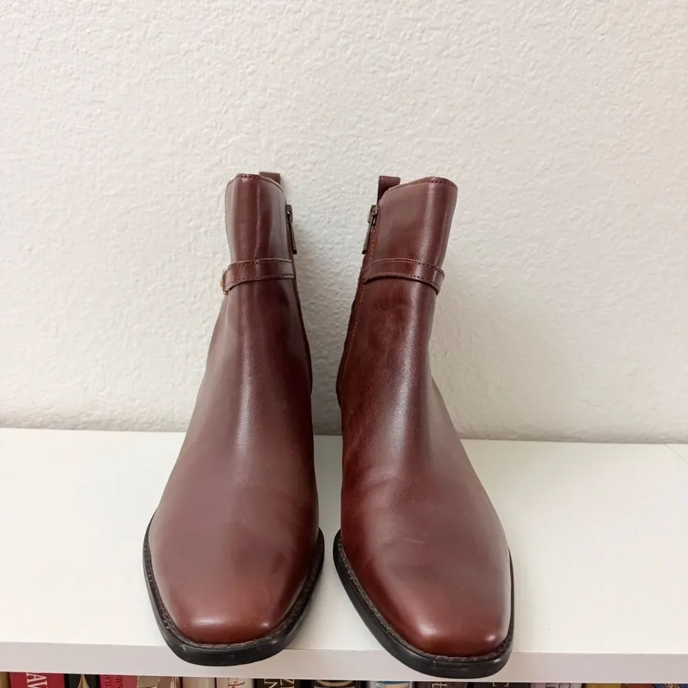 Sam Edelman Brown Leather Ankle Boots Women's Size 10 Gold Horsebit Block Heel